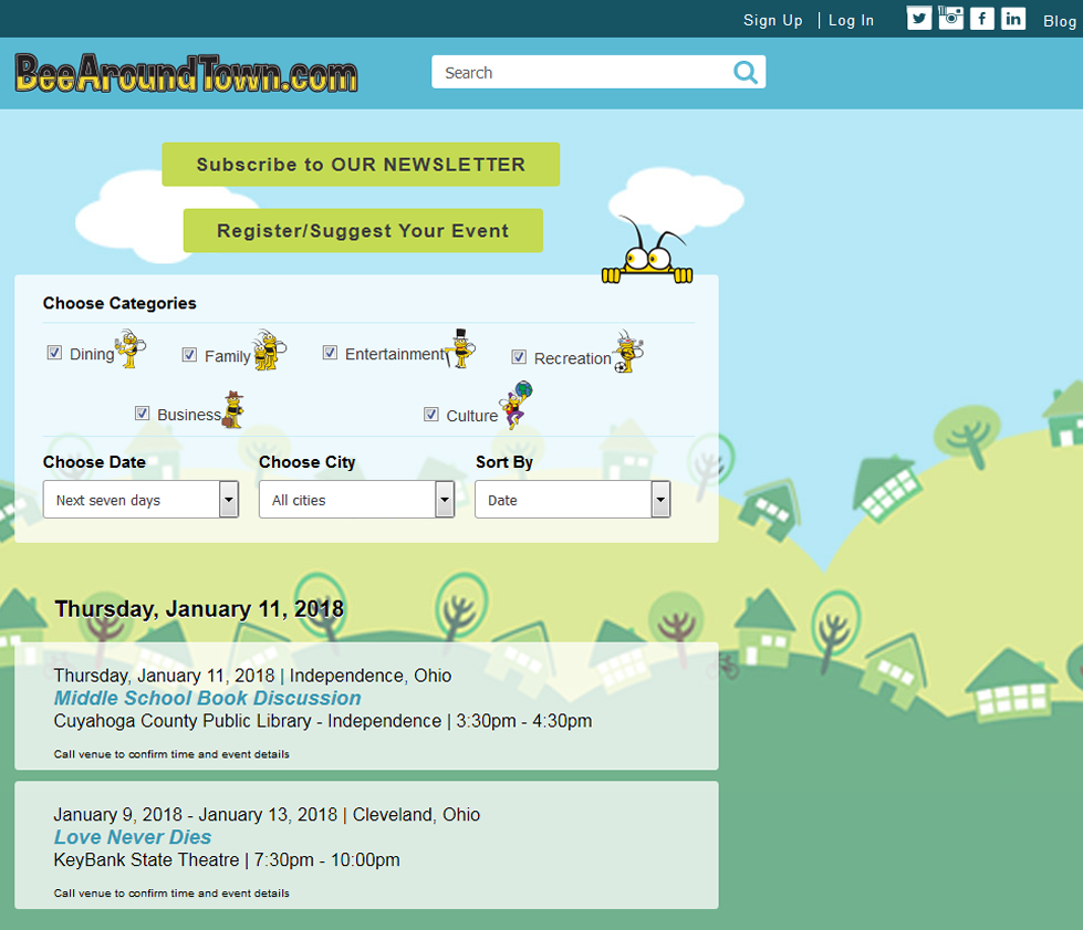 Screenshot of the Bee Around Town Home Page